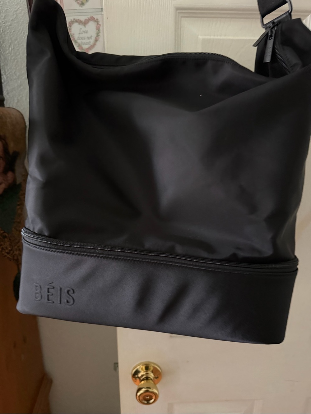 BEIS Black Travel Tote with Lower Zip Compartment